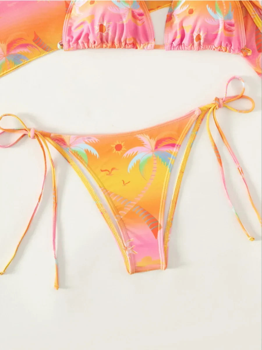 Printed Long Sleeve Bikini Women Swimwear Female Swimsuit Three-pieces Bikini Set Mini Micro Bather Bathing Suit Swim Beachwear