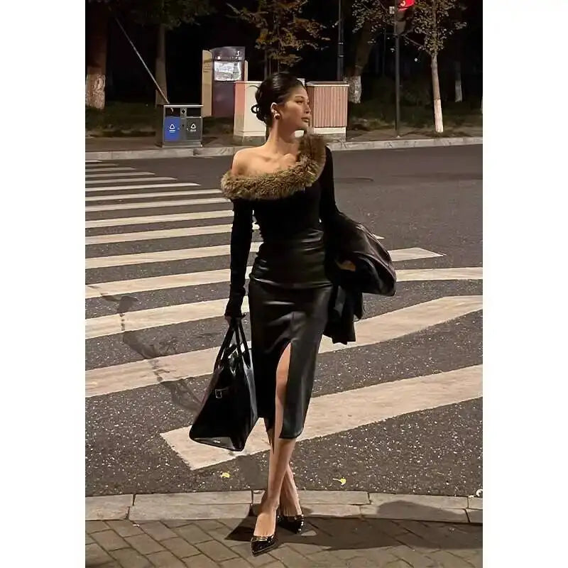 Sexy One Step Split PU Leather Half Skirt For Women's New High Waisted Slim Streetwear Black PU Fashion Womne Mini Dress  YTM8