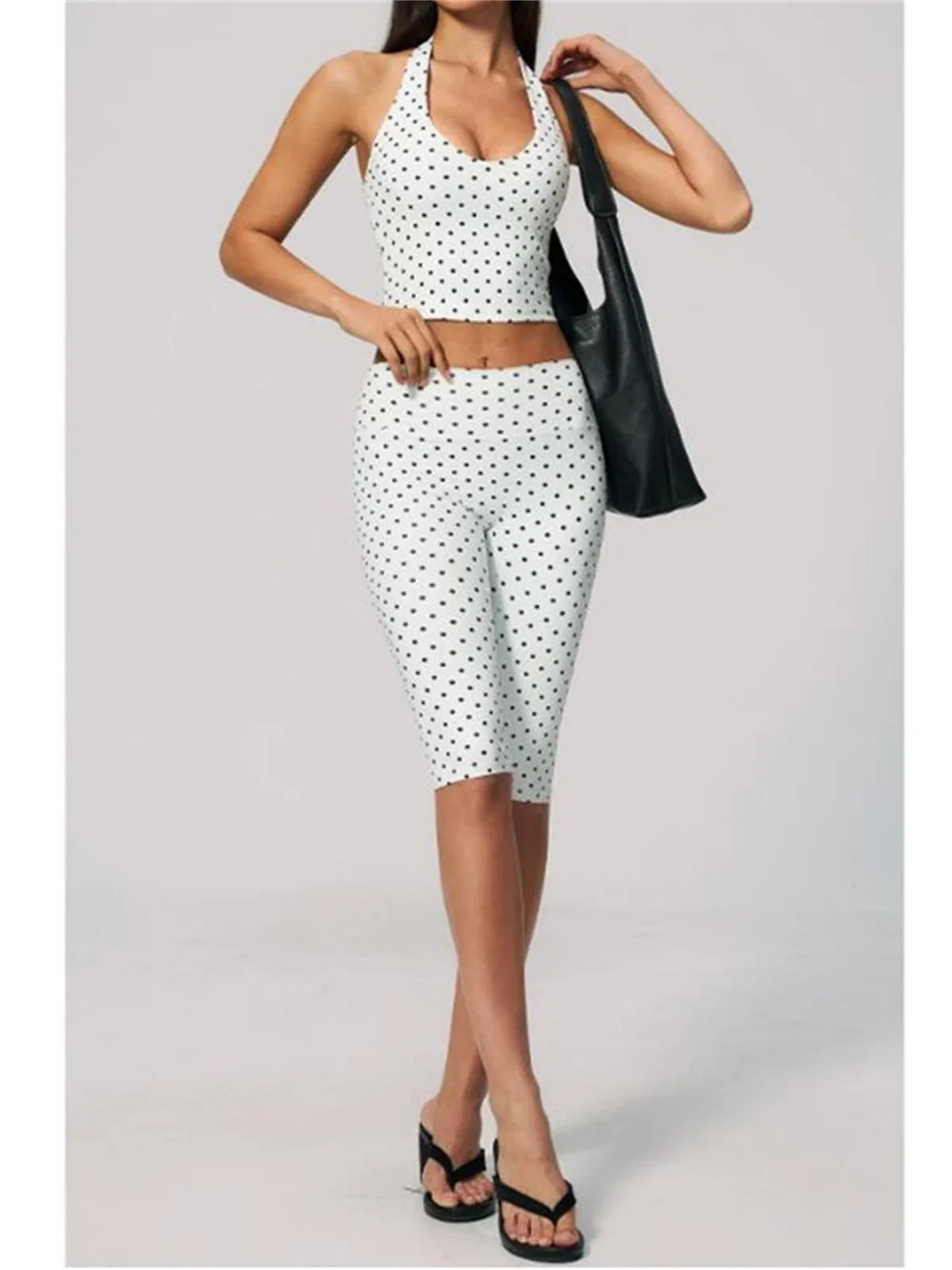 New Summer Women White Polka Dot Print Yoga Sets Hanging Neck Slim Sport Vest High Waist Mid Pants Gym Two-piece Workout Clothes