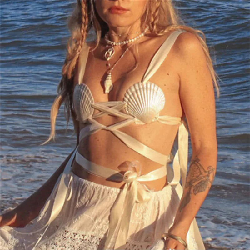 Women's Seashell Bikini Top White Ribbon Tie Straps Mermaid Core Swimwear for Beach Party and Summer Vacation