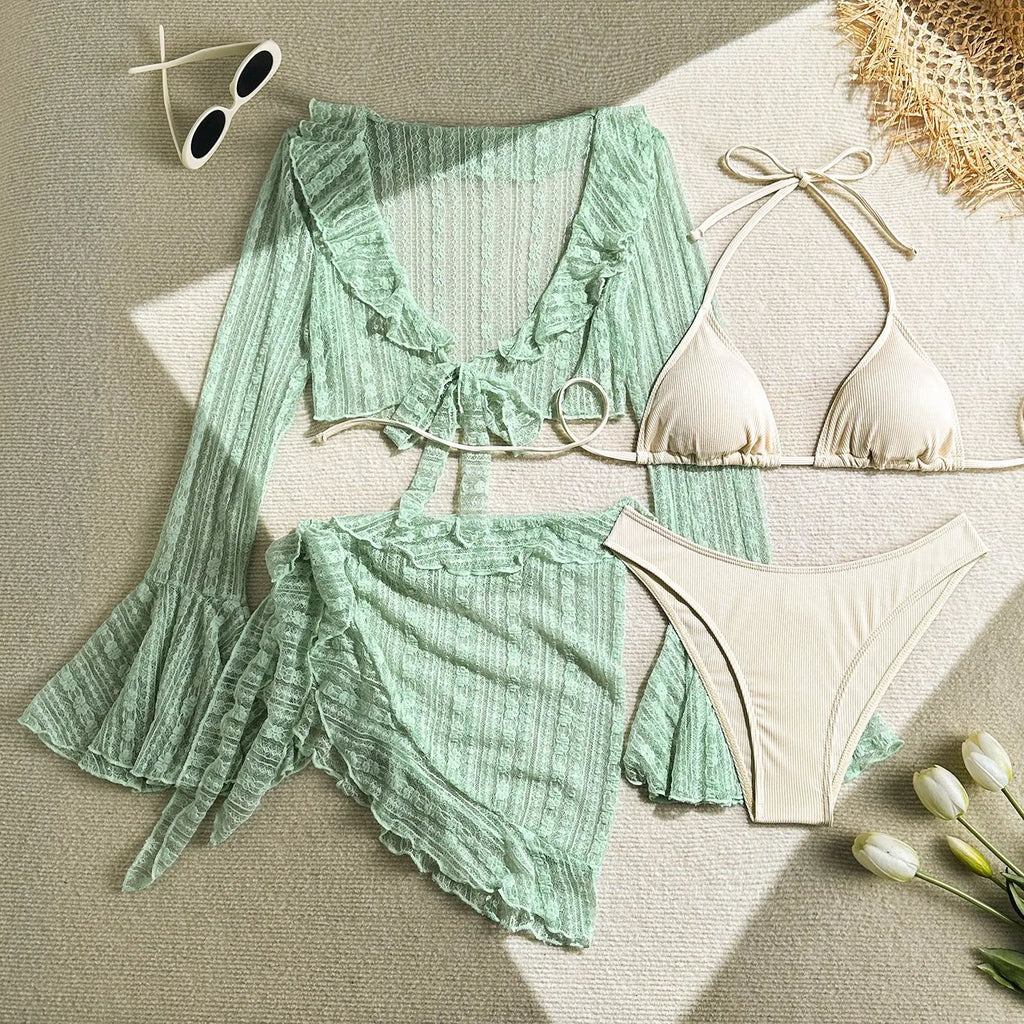 DEKA 4Pcs/Set Mesh Sheath Bikini Set Female Mini Camis Briefs Short Skirt Swimwear Fashion Drawstring Long Sleeve Boho Swimsuit