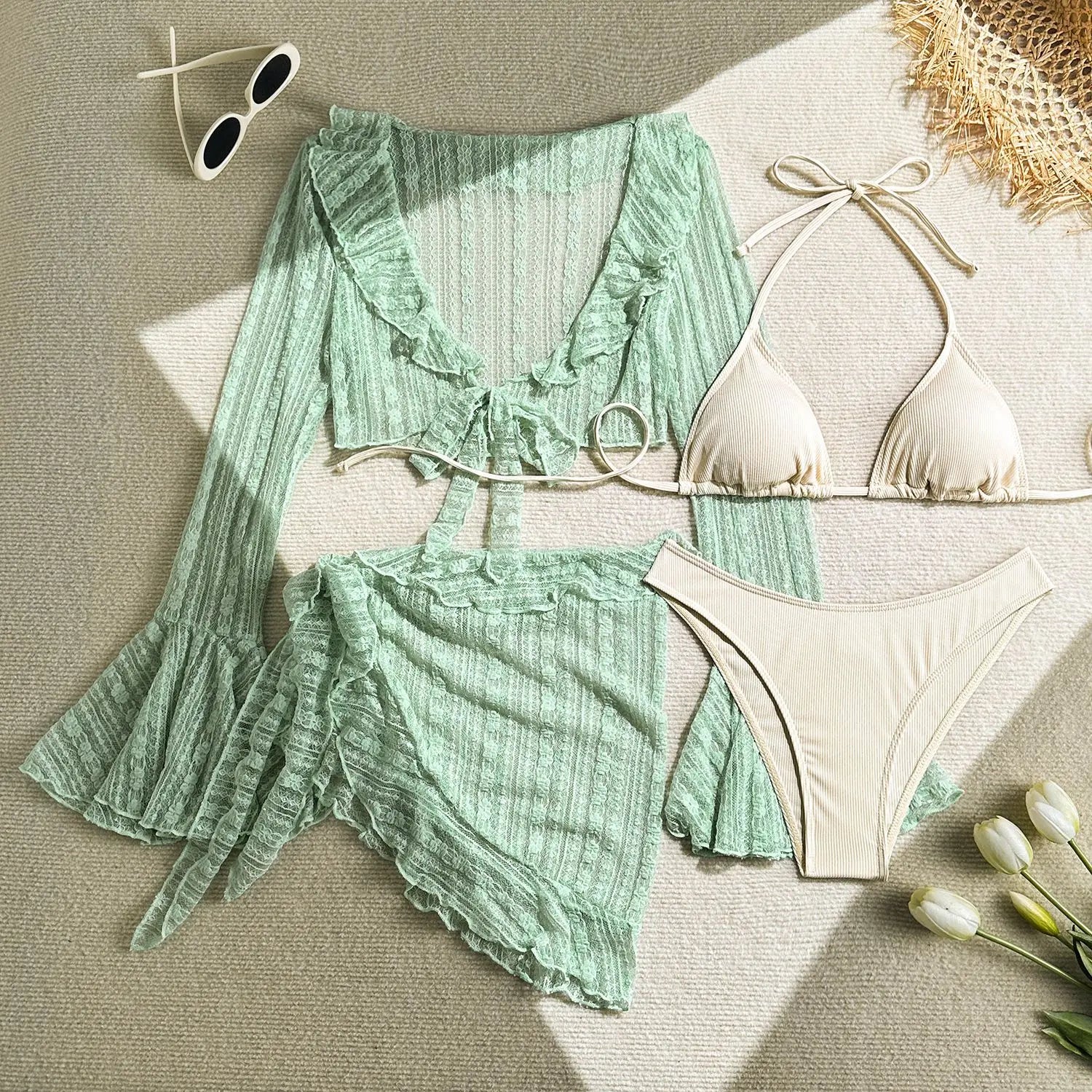 DEKA 4Pcs/Set Mesh Sheath Bikini Set Female Mini Camis Briefs Short Skirt Swimwear Fashion Drawstring Long Sleeve Boho Swimsuit