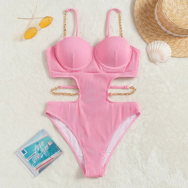 Sexy Push Up Underwire One Piece Swimsuit Women Solid Pink Metal Chain Hollow Out Ribbed Bathing Suit Backless Swimwear Monokini