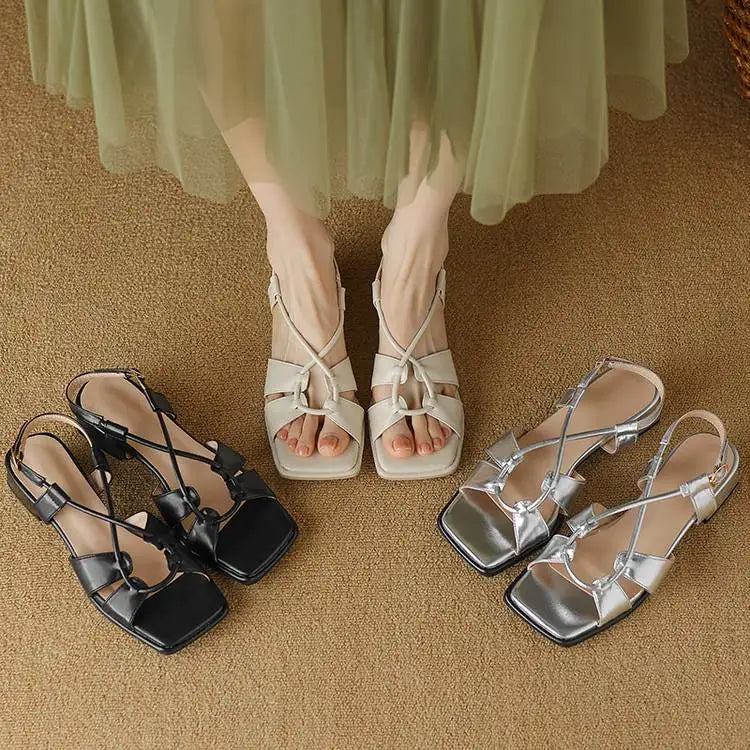 Summer New Model Fashion Middle Heeled Women's Sandals Black Buckle Open-toe Comfortable Hollow-out Women's Shoes High 3.5cm