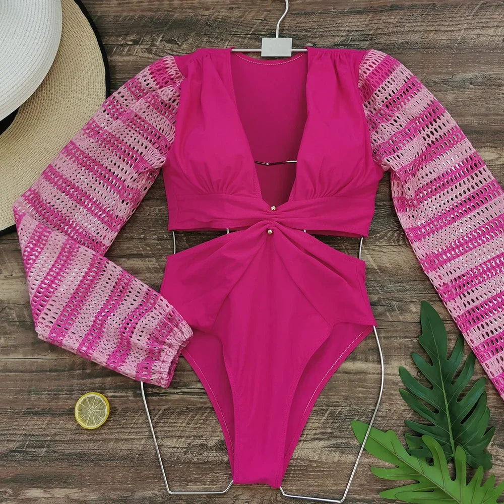 One Piece Swimsuit Sexy Long Sleeve Tropical Print Swimwear Women Bandage Monokini Hollow Out Bathing Suit String Beachwear 2023