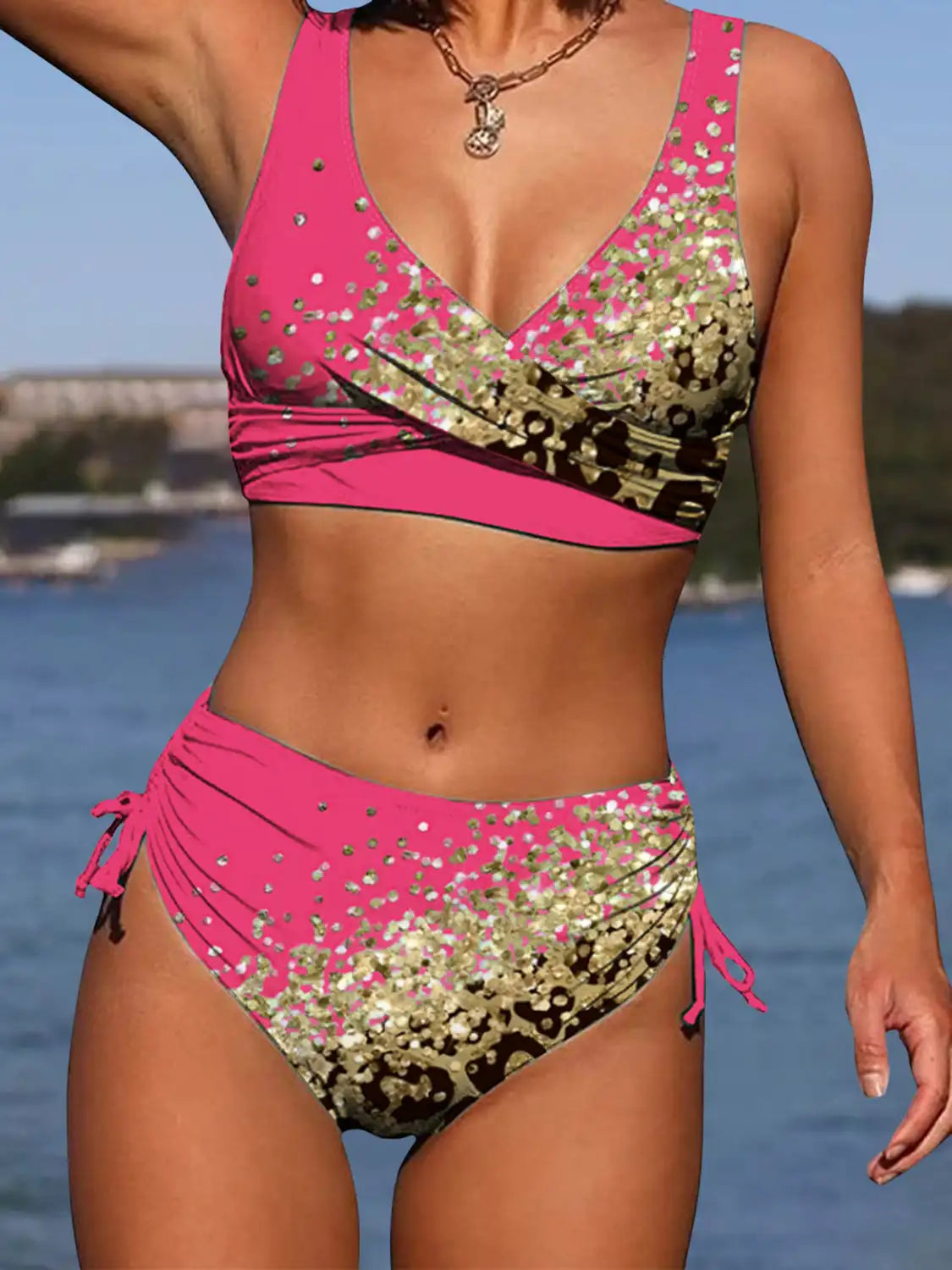 2026 Drawstring V Neck High Waist Bikini Women Printed Swimwear Female Swimsuit Bathers Bathing Swimming Suit Beachwear Summer