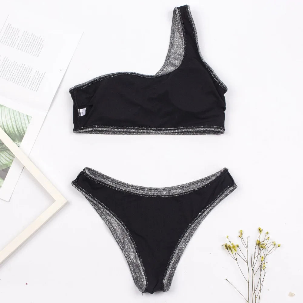 Fashion Single Shoulder Women Bikinis Set Female Shinning High Waist Swimsuit Swimwear Woman Solid Glitter Beach Bathing Suit
