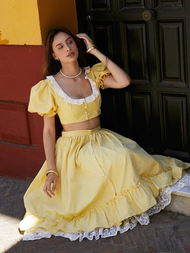 Foridol Gingham Printed Yellow Women Summer Dress Set Lace Top+skirt Sets Vintage French Style Midi Dress Oufits Plaid Vestidos
