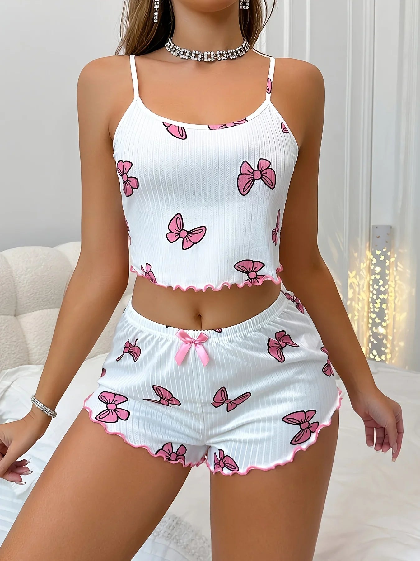 Bowknot Print Round Neck Camisole and Shorts Set Women Summer Casual Two-Piece Pajama Set Home Clothes Loungewear