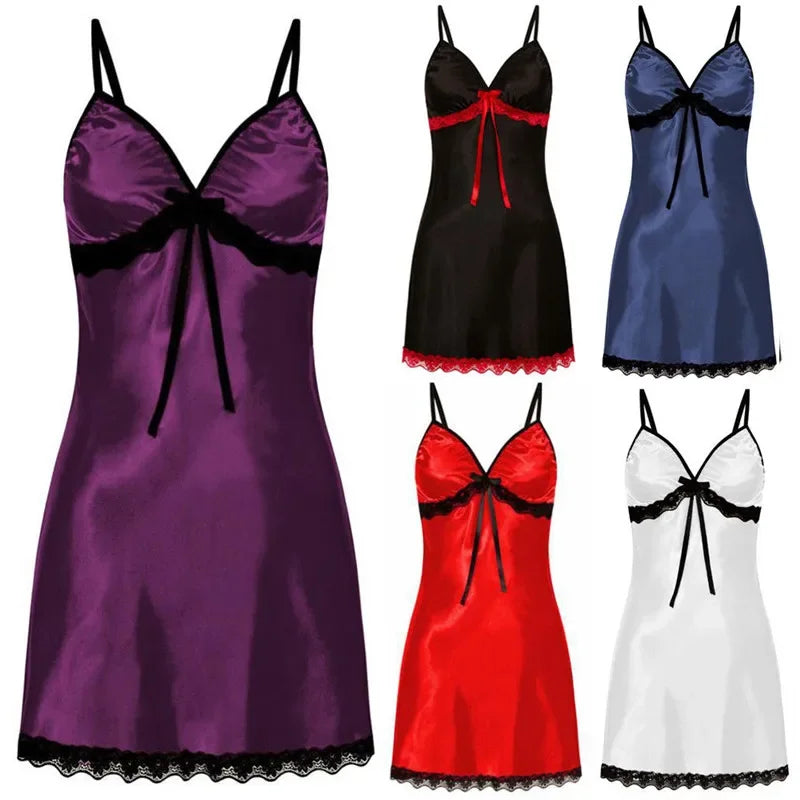 Women Sexy Sleepwear Sleeveless Nighties V-neck Nightgown Plus Size Nightwear Lace Nightdress Silk Satin Night Dress