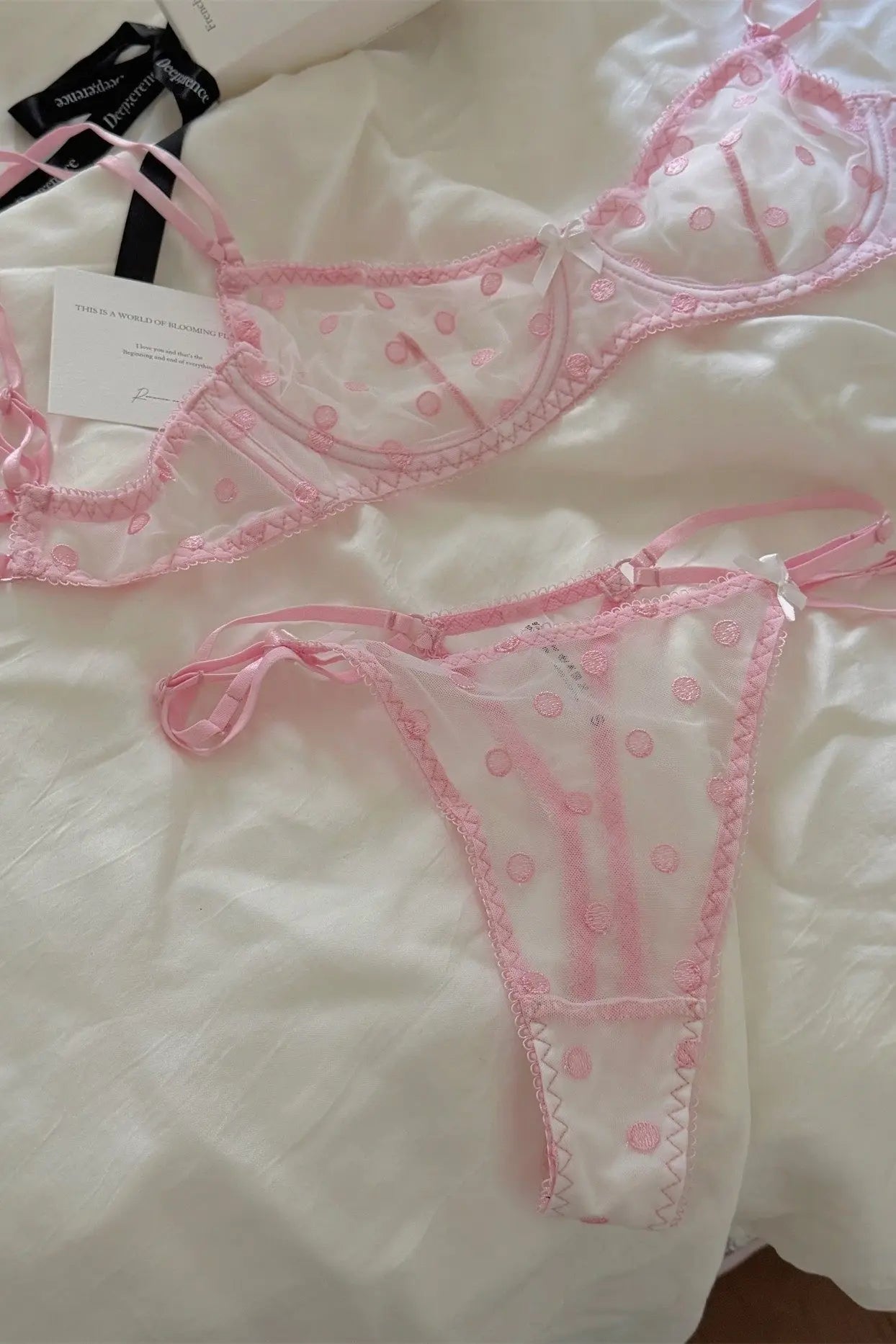 French Retro Lace Bra & Thong Set | Sexy Polka Dot Sheer Mesh Lingerie for Plus Size Big Bust, Ultra Thin MOYISU Panty TUSHY Set