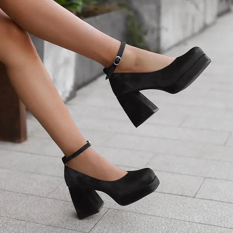 2026 Spring Style Suede Women's Thick-Soled High Heels with Ankle Buckles Women's High Heels Sizes 34 - 48