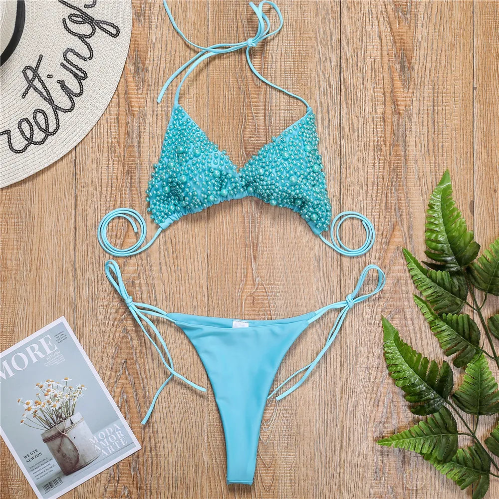 Sexy Micro Bikini Women Solid Black White Pearl Designer Swimsuit 2026 Luxury Beach Push Up Bathing Suit Thong Swimwear Biquini