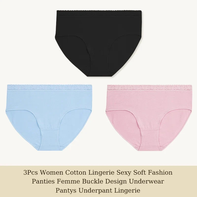 3Pcs Women Cotton Lingerie Sexy Soft Fashion Panties Femme Buckle Design Underwear Pantys Underpant Lingerie Lace Intimates S-XL