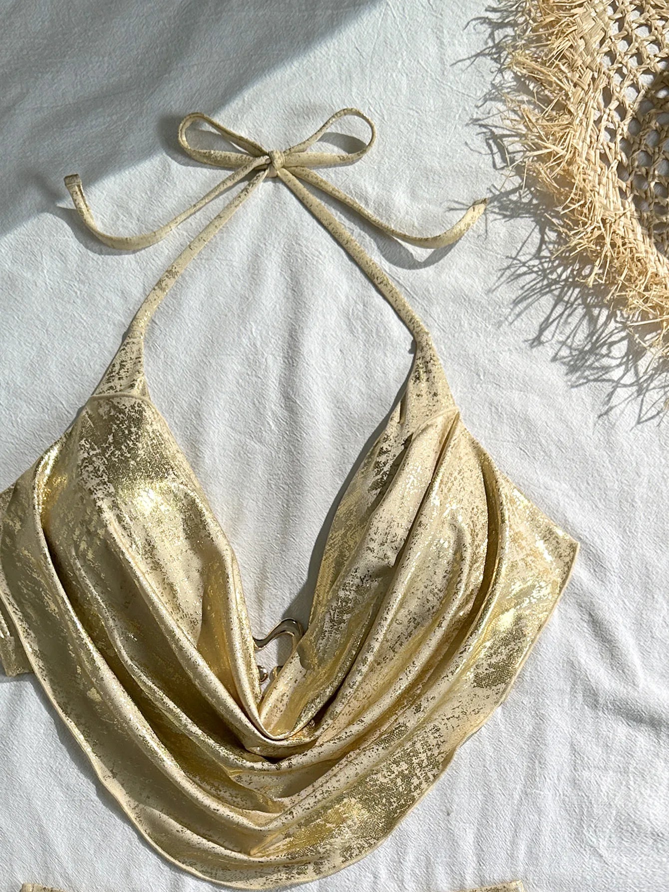 Sexy Hot Stamping Gold Swimwear Women 2026 Collar Split Top Drawstring Side High Waist Bikini Set Summer Bathing Suit Swimsuit