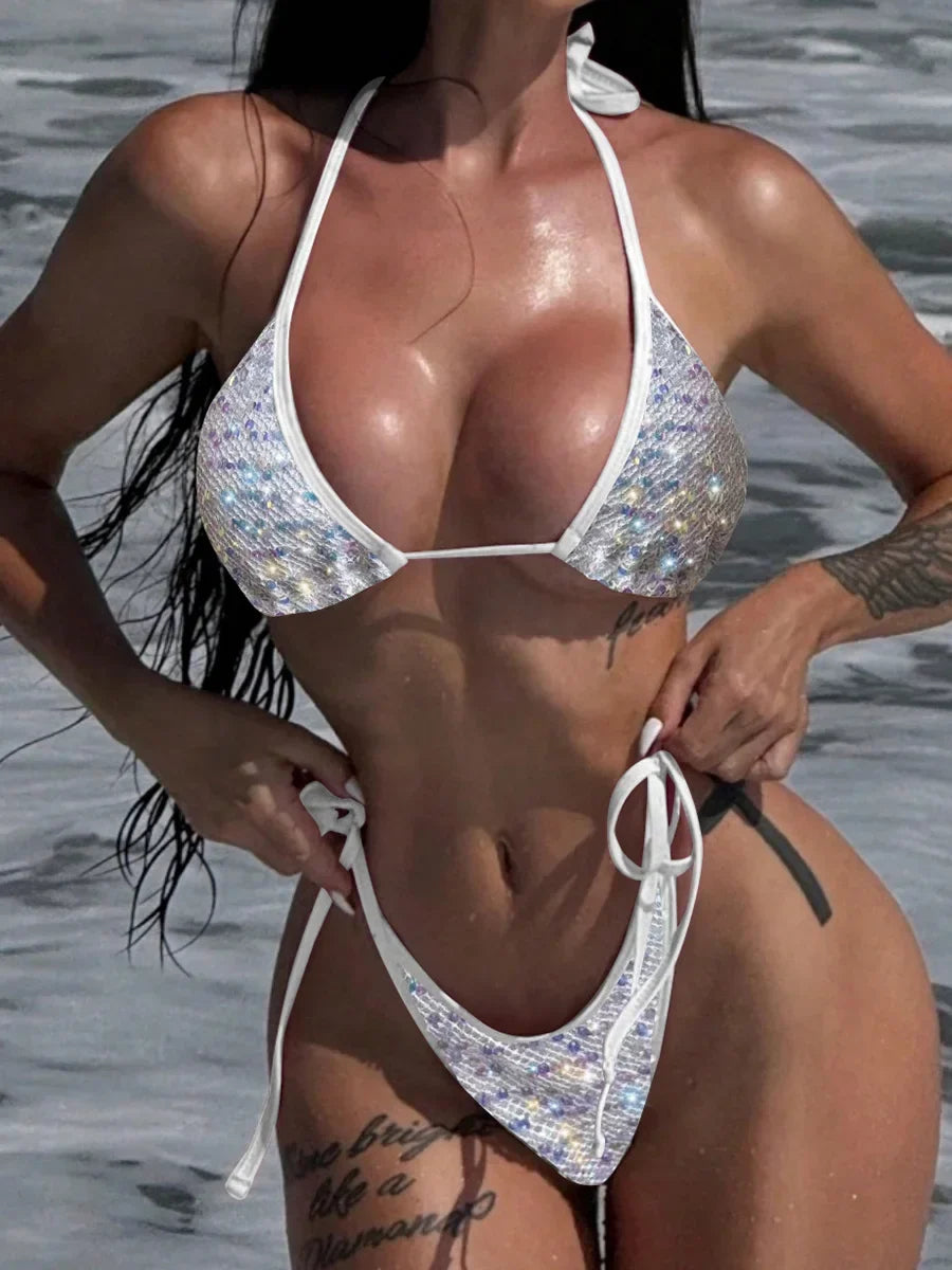 Sparkling Sequins Halter High Leg Cut Bikini Women Swimwear Female Swimsuit Two-pieces Bikini Set Bather Bathing Suit Swim Lady