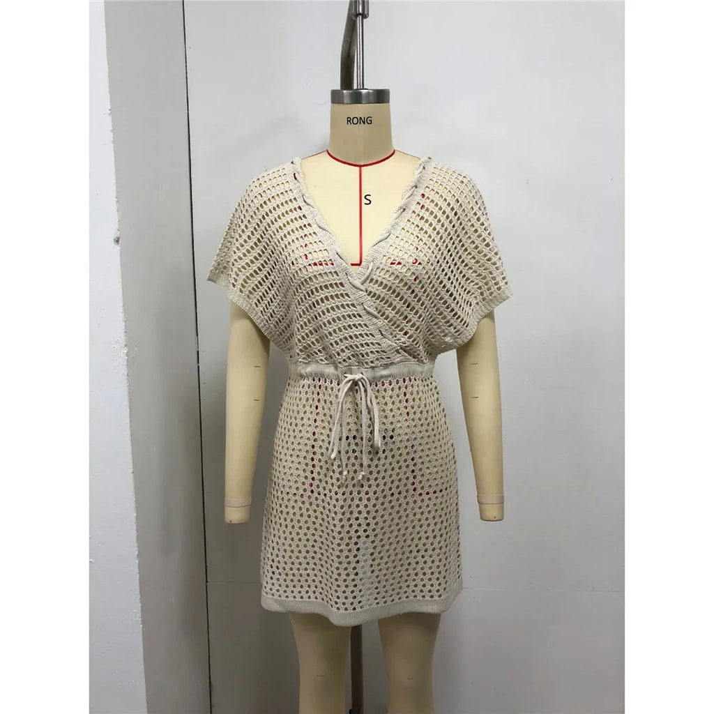 2026 Short Sleeve V Neck Hollow Out Crochet Knitted Tunic Beach Cover Up Cover-ups Beach Dress Beach Wear Beachwear Female V8152