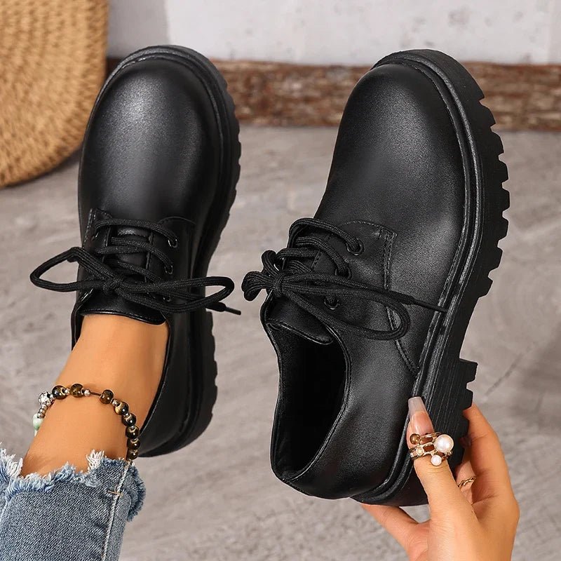 British Style Platform Oxford Shoes for Women Fashion Lace Up Thick Bottom Pu Leather Shoes Wman Plus Size 42 Office Work Shoes
