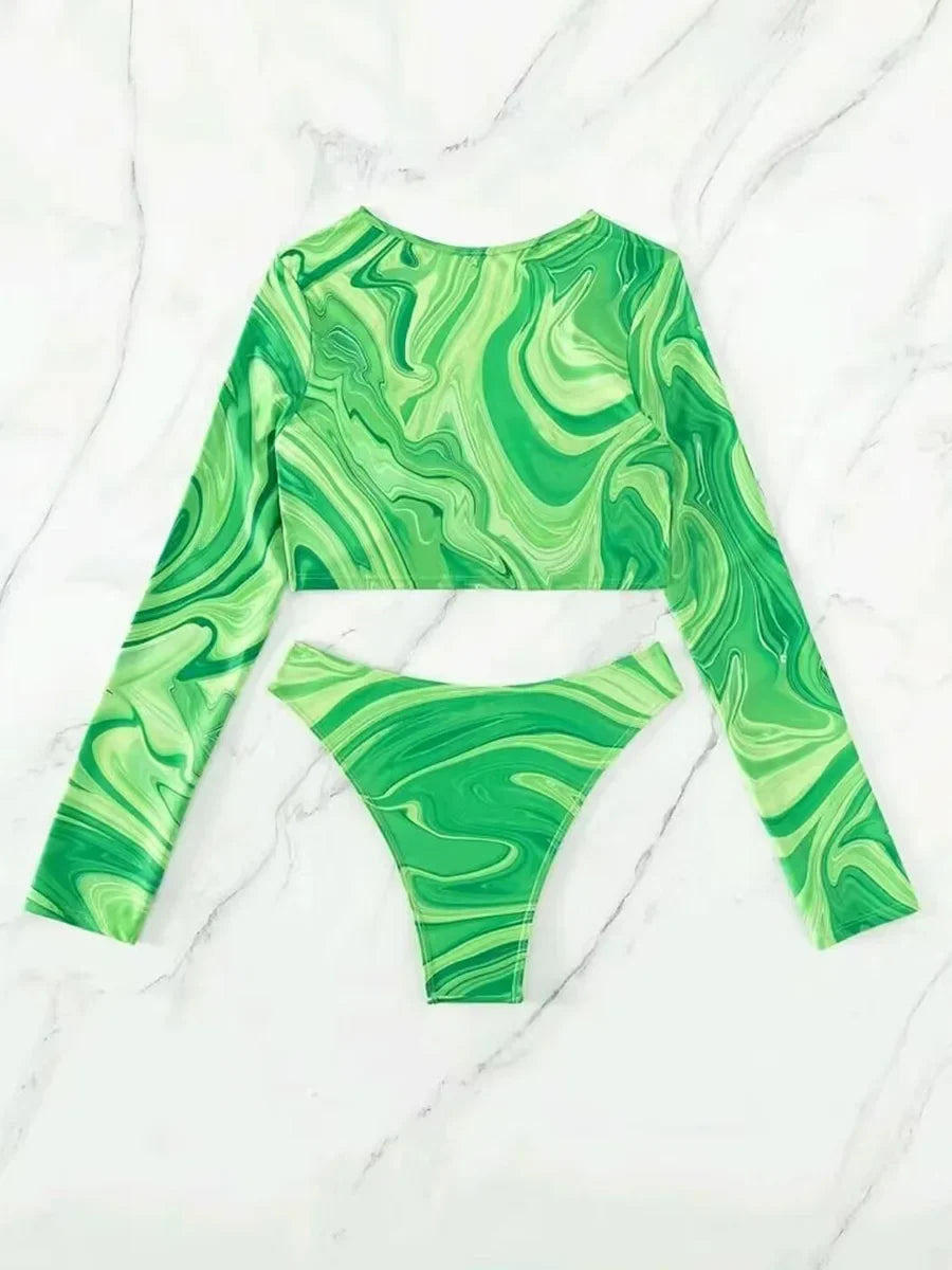 2026 Hollow Out String Long Sleeve 2 Piece Bikini Women Swimwear Female Swimsuit Bathers Bathing Swimming Suit Beachwear Summer