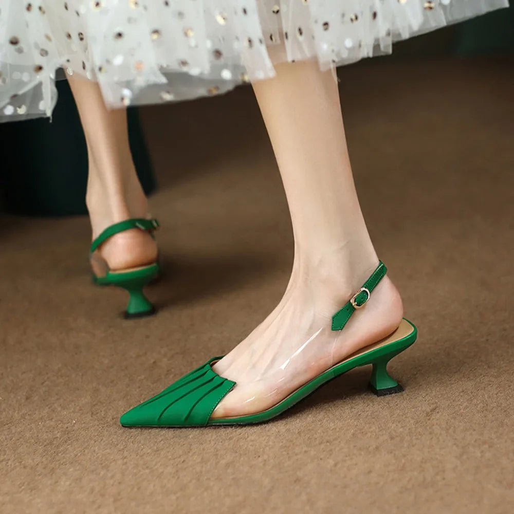 Elegant Green Thin Heel Pointed Toe Slippers for Women Summer Fashionable Low Heel Rubber French Sandals New 2026 Top quality