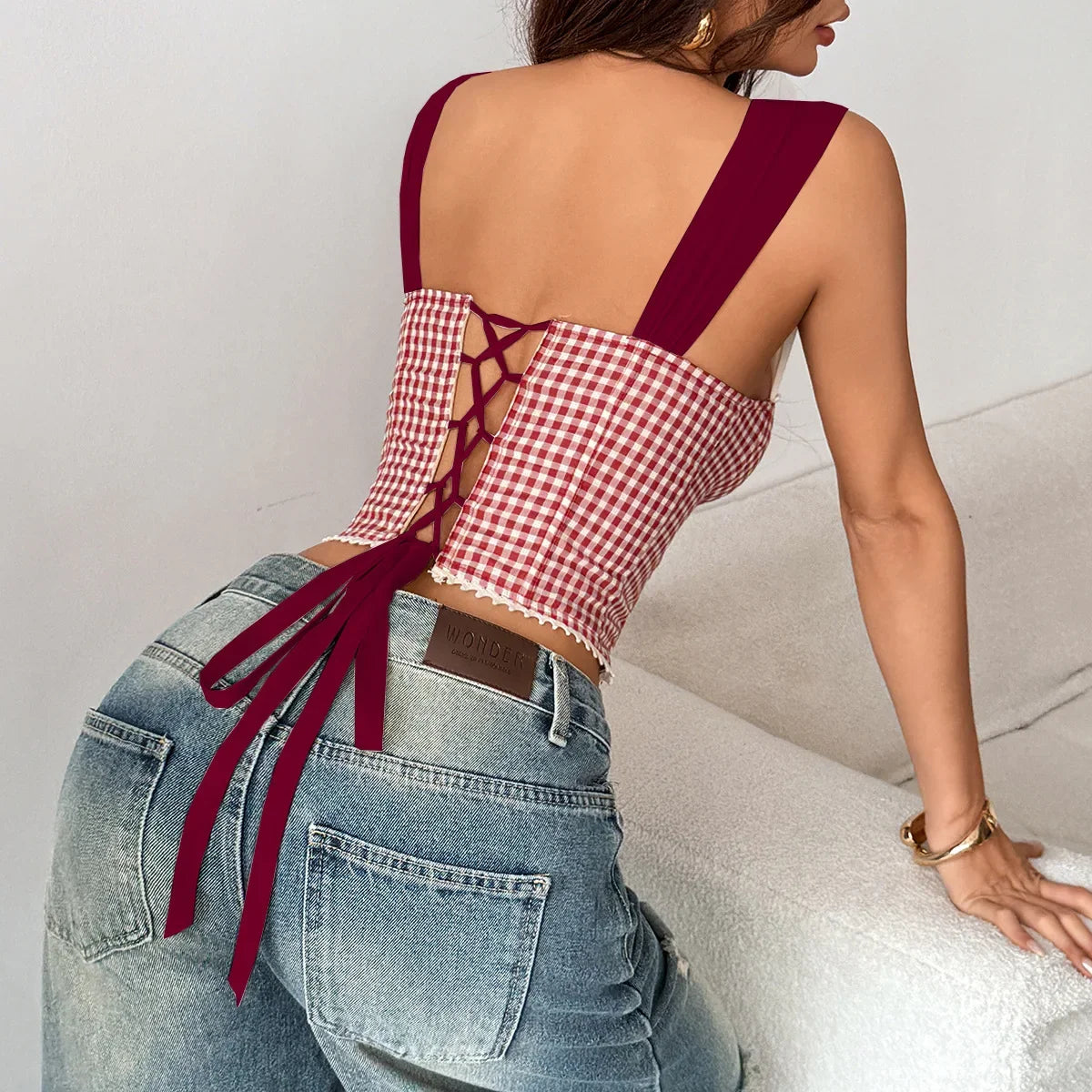 Retro French Jacquard Red Plaid Camisole 2026 Women Sexy Lace Trim Spliced Off Shoulder Chest Wrapped Fishbone Chest Party Tops