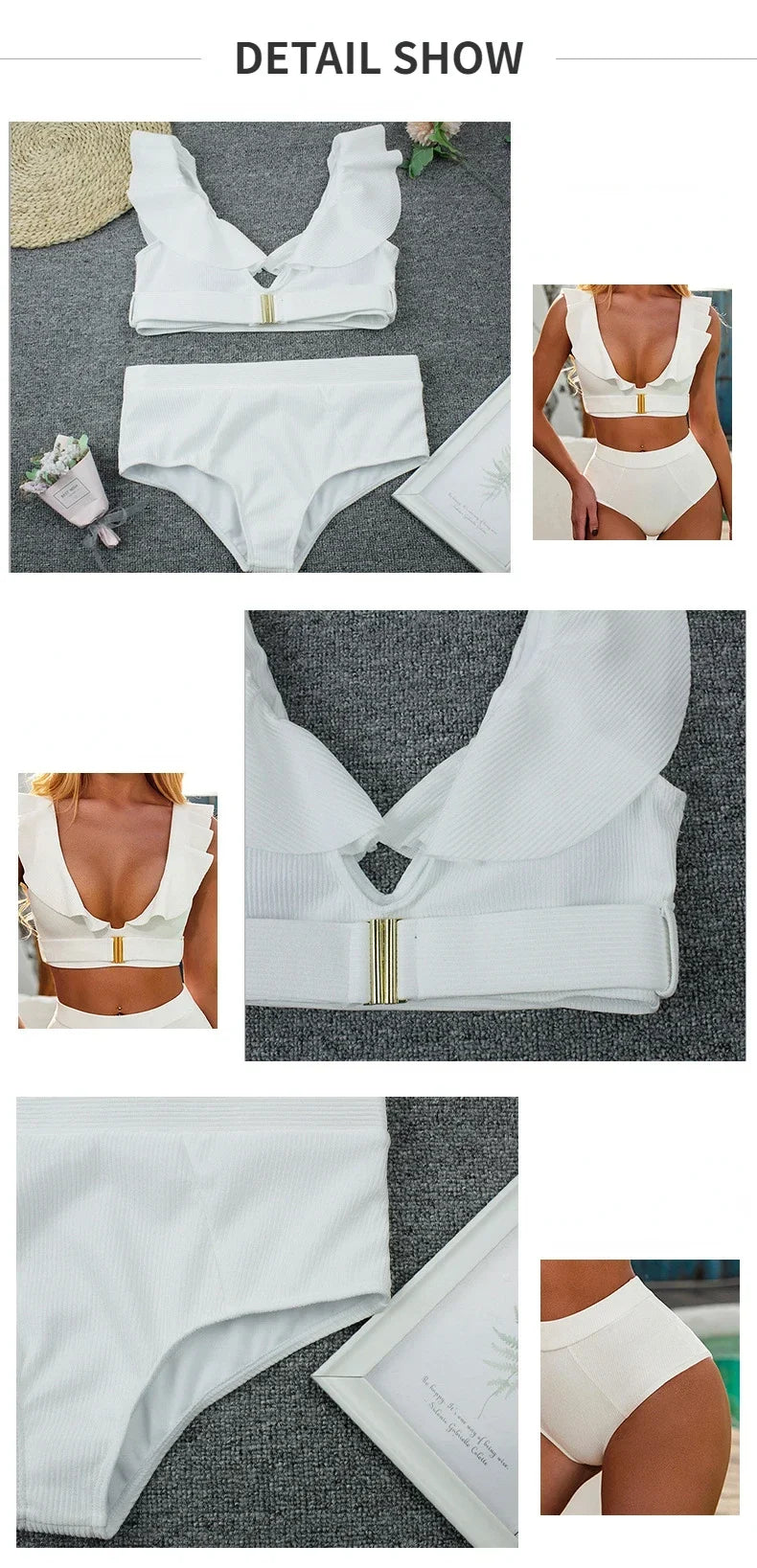 2026 New Sexy Bikini Women White Swimwear Swimsuit Ruffle V-neck Metal Buckle High Waist Beach Bikinis Set Bathing Suit Push Up