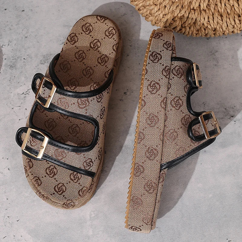 Flowers Embroidery Thick Bottom Sandals Women Fashion Designer Buckle Platform Slippers Woman Summer 2025 Non Slip Sandles Mujer