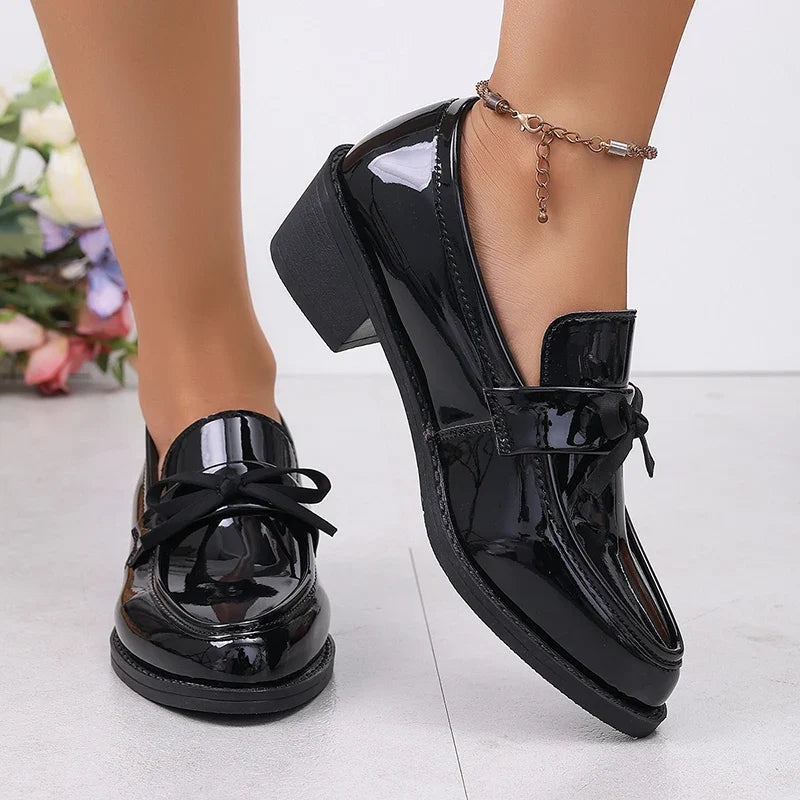 Patent Leather Bowknot Oxford Shoes Women Plus Size 43 Pointed Toe Thick Heel Pumps Woman Elelgant Slip On Pu Leather Shoes 2026