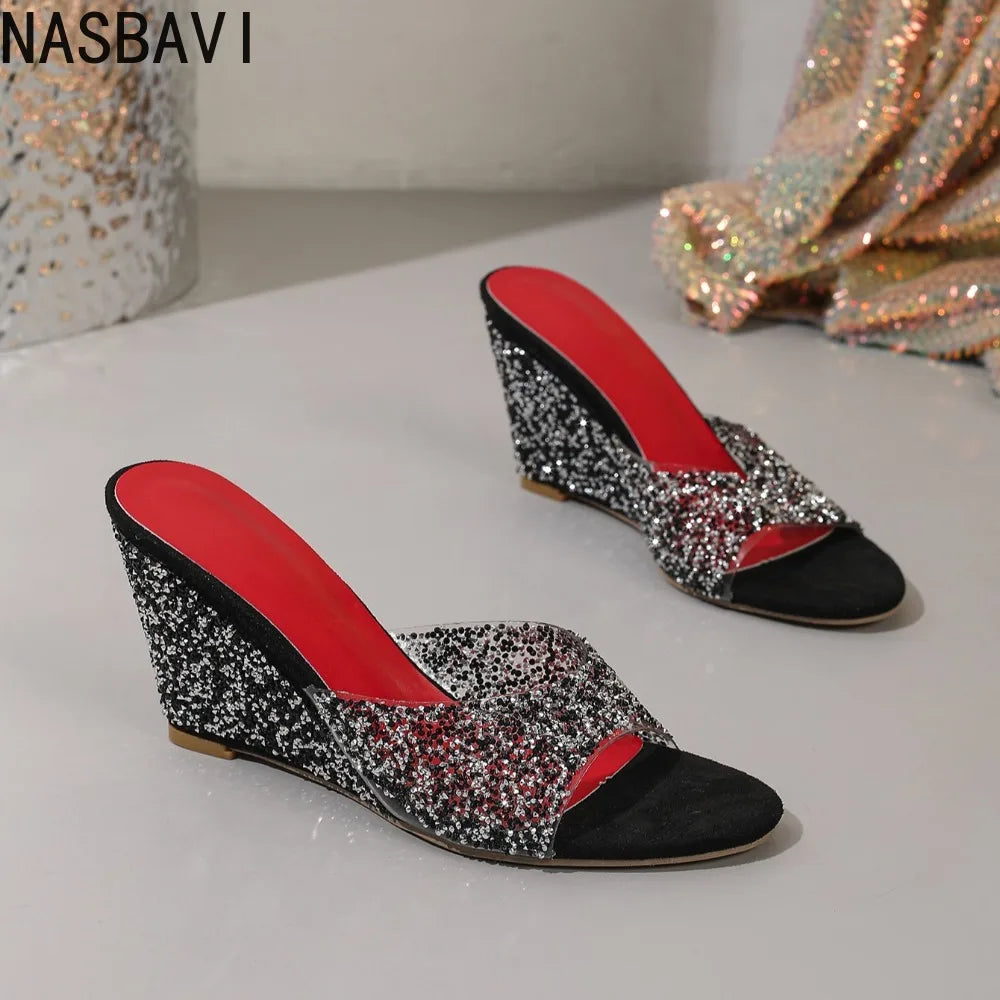 Fashion Slippers Peep Toe Wedges High Heels Slippers Shiny Rhinestones Comfortable Shoes for Women Slide Summer Zapatos De Mujer