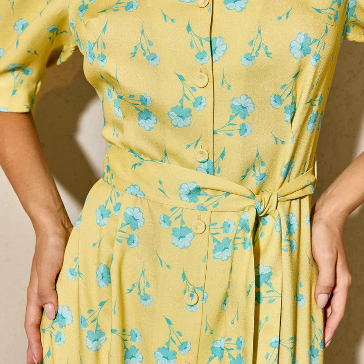 FDYOUI 2026 Summer V-neck Short Sleeve Floral Print Yellow Party Dress Women Single Breasted Lace-up Slim Long Vacation Dresses