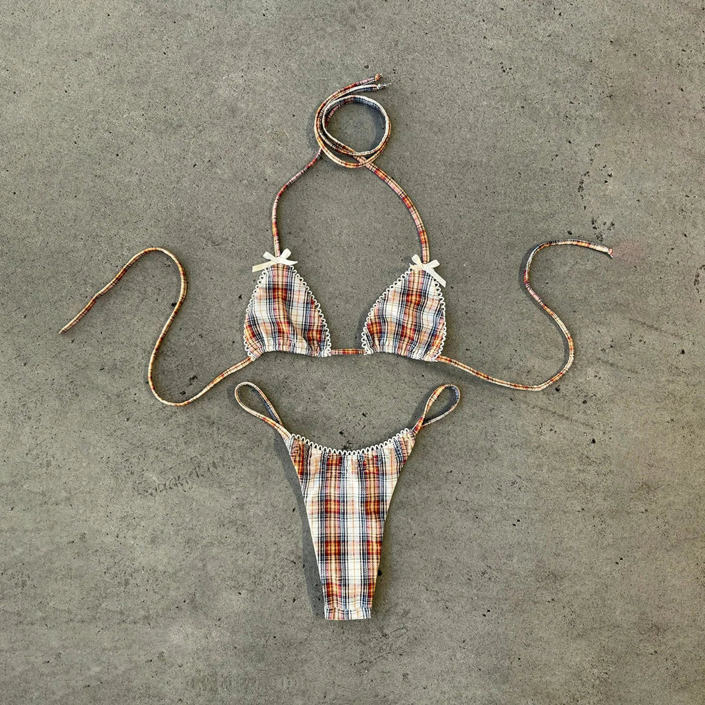 New 2026 Women's Micro Bikini Set Plaid Print Neck Lace-up Backless Biquini Beachwear Sexy Push Up Thong Low Waist  Bathing Suit