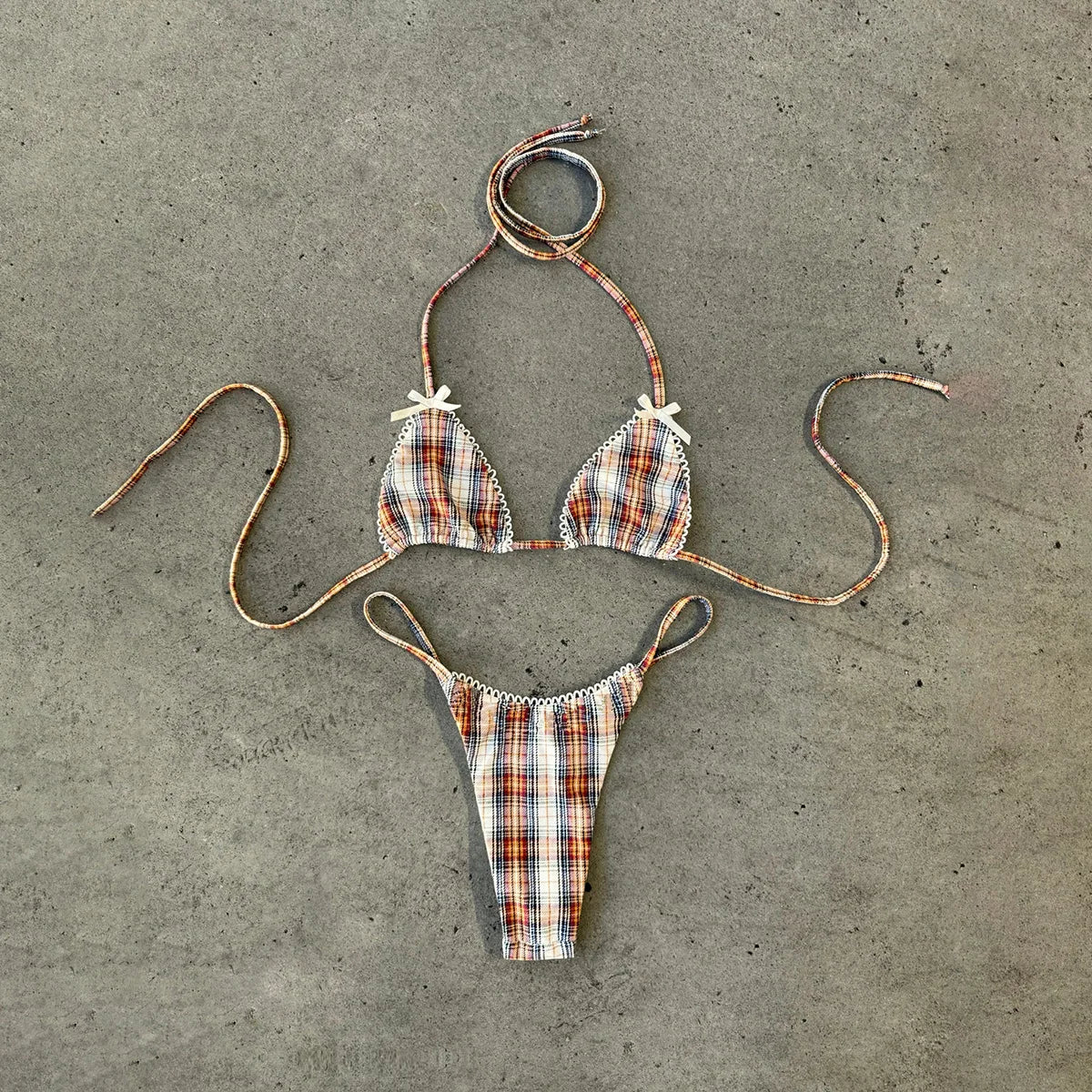 New 2026 Women's Micro Bikini Set Plaid Print Neck Lace-up Backless Biquini Beachwear Sexy Push Up Thong Low Waist  Bathing Suit