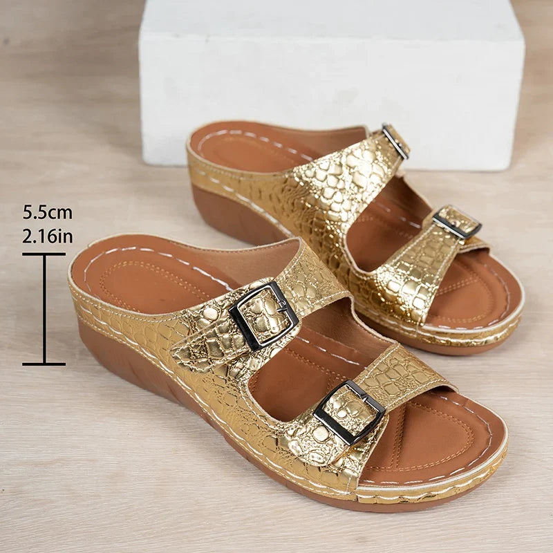 Lightweight Double Buckle Platform Sandals Women Gold Silver Summer Wedge Heeled Sandals Woman Open Toe Thick Sole Sandles 2026