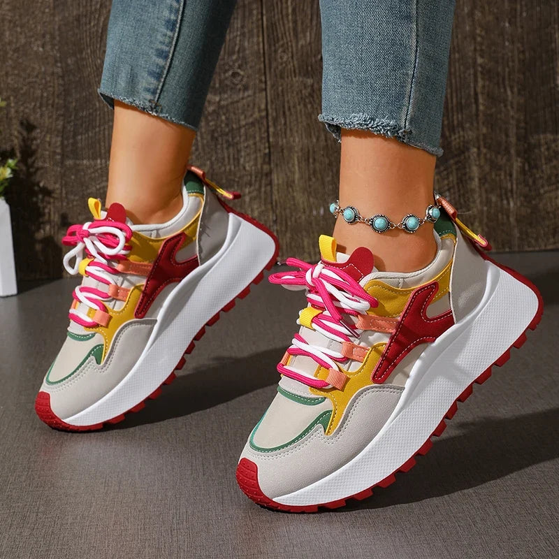 New Mixed Color Chunky Platform Sneakers Women 2026 Fashion Lace Up Thick Bottom Vulcanized Shoes Woman Non Slip Old Dad Shoes