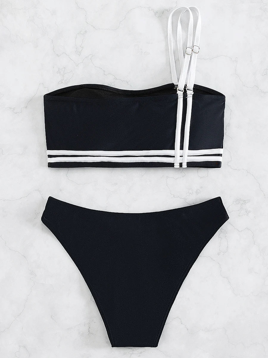 Splicing One Shoulder Bikini Women Swimwear Female Bandeau Swimsuit Two-pieces Bikini Set High Cut Bathing Suit Swim Beach Wear