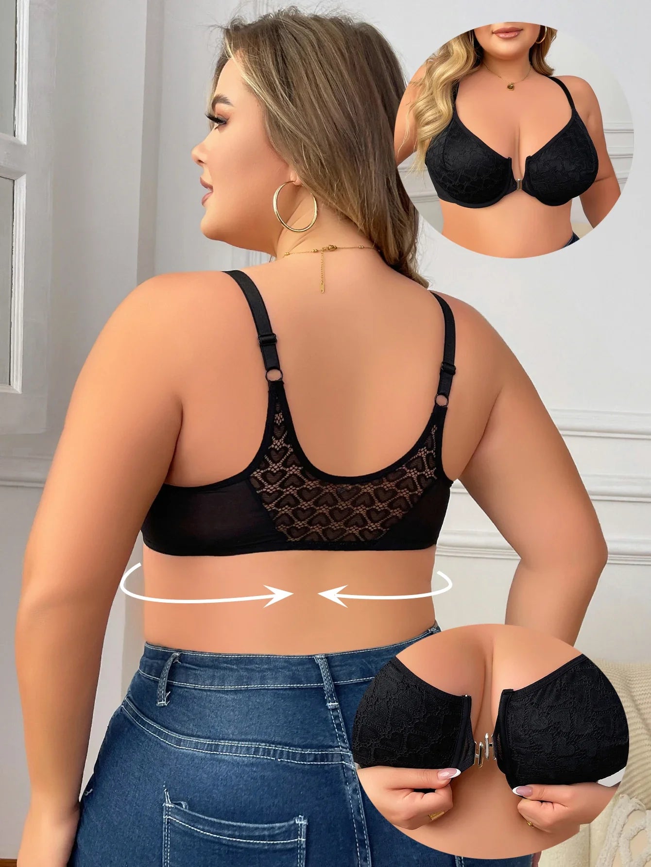 Women's Plus Size Underwear Front Button Half Cup Gathering Push Up Heart Lace Design Suitable For Voluptuous Women XL-XXXL 2498