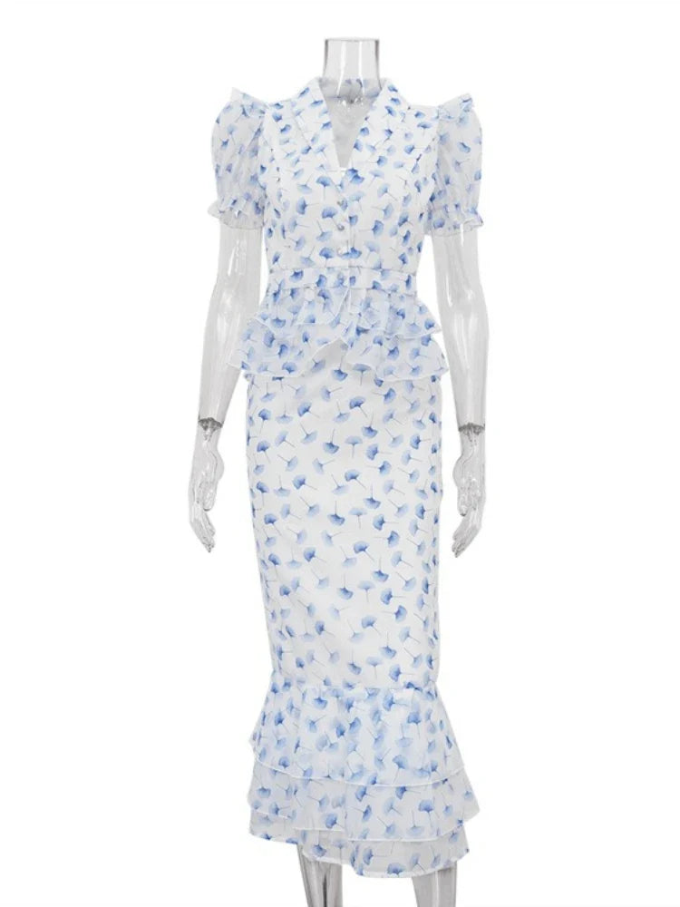 FDYOUI V-neck Short Sleeve Single Breasted Ruffles Blouse Tops+Mermaid Skirts Suits Elegant Floral Print Midi Dress 2 Piece Set