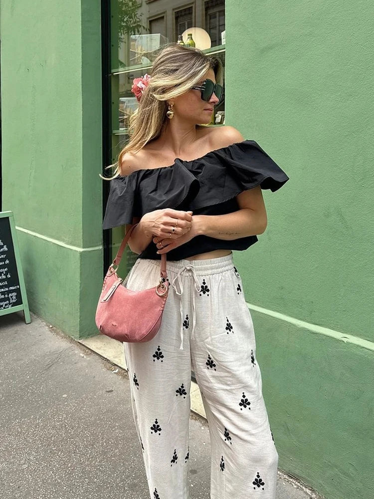 Foridol Geometric Pattern Embroidery Long Pants Women Wide Leg Beige Casual Summer Pants Elastic Waist Drawstring Pants 2025