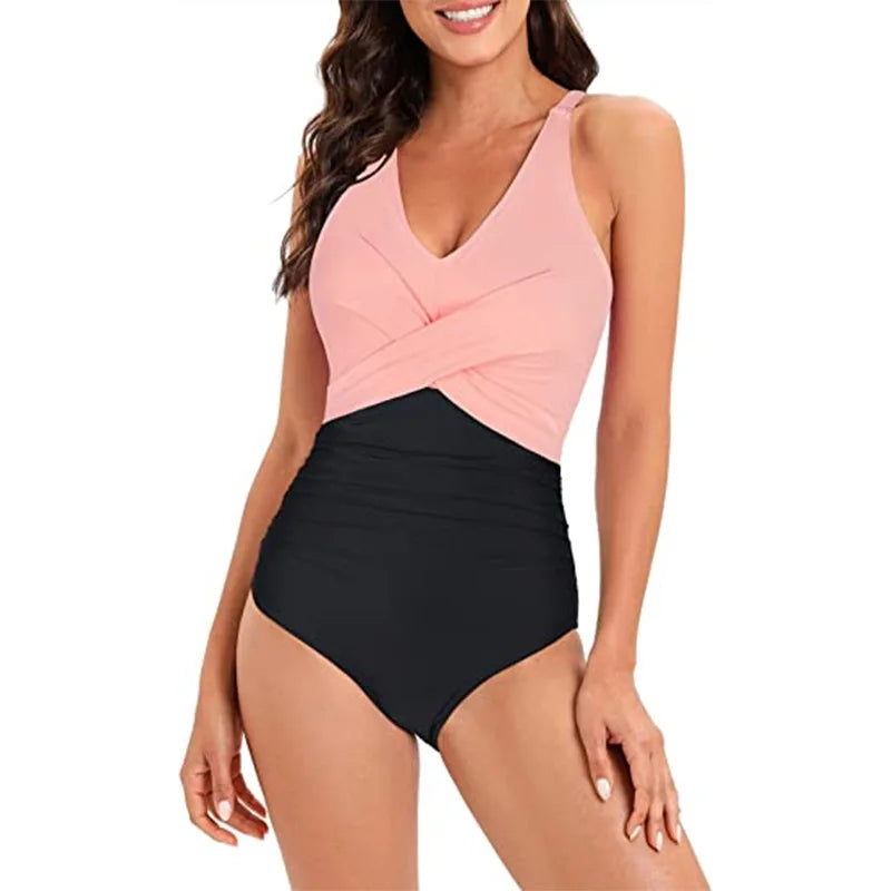 Sexy Stripe Patchwork Swimwear Women 2026 V-neck One Piece Bikini High Waist Slim Monokini Summer Suspender Backless Beachwear