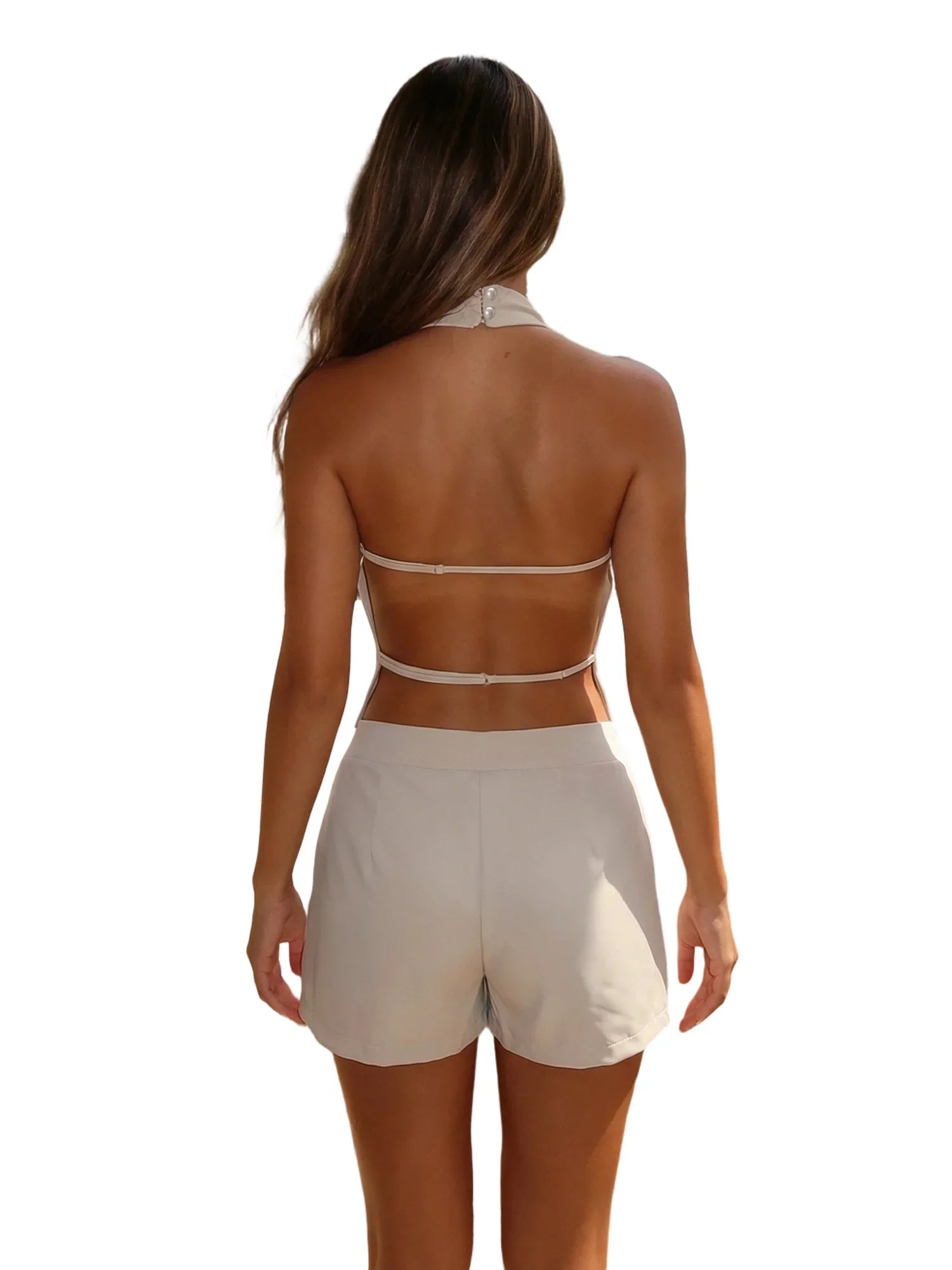 Summer Women's Solid Color Satin Shorts Sets Backless Mock Neck Halter Tops with Shorts 2 Piece Outfits Casual Streetwear