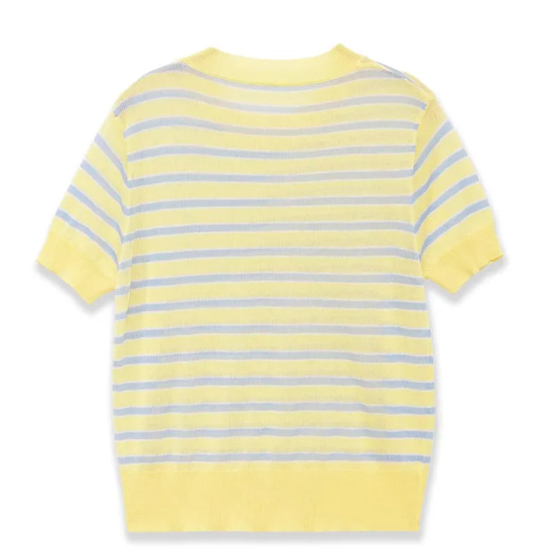 Fashionable Casual Striped Short-sleeve Knit Shirt Women Yellow Blue Striped Short Sleeve Knit Top Crew Neck Summer T Shirt SEUY