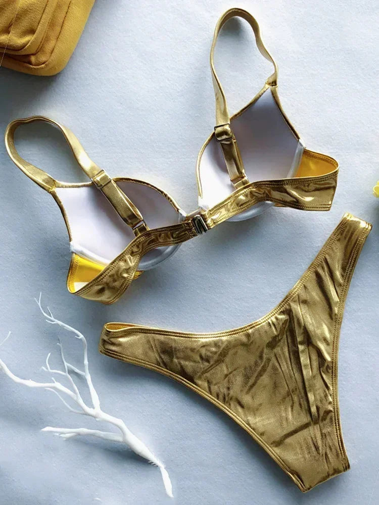 Shiny PU Faux Leather Bikini Women Swimsuit Female Swimwear Two-pieces Bikini Set Underwired Bra Cup Bikinis Bathing Suit Swim