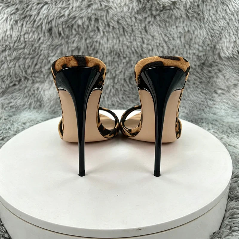 Women's Leopard Print Suede Pointed Toe Stiletto Mules - Slip-On High Heel Sandals for Party, Summer & Streetwear
