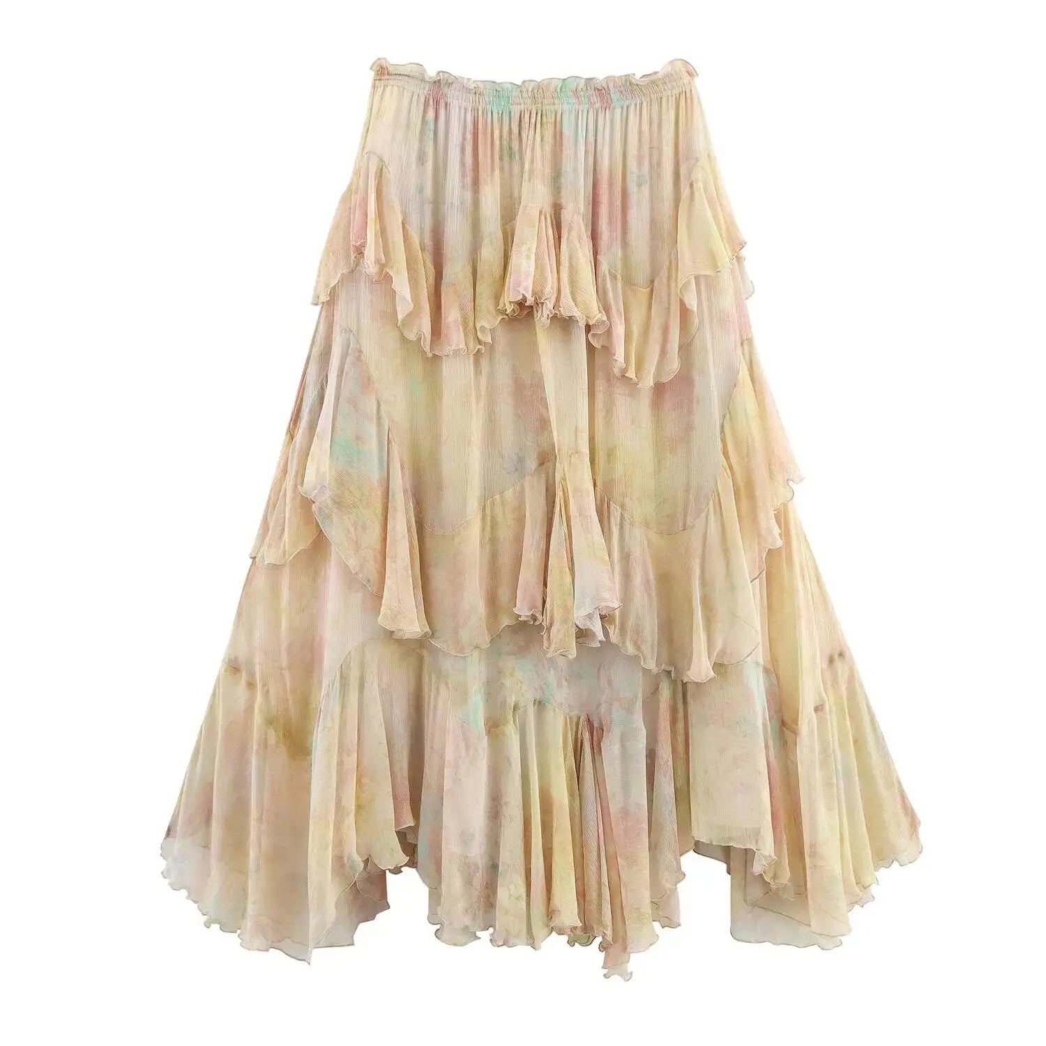 Women's Printed Layered Skirt Pastel Watercolor Print Tiered Ruffled Skirt Elastic Waist Chiffon Summer Skirt For Women 65EU