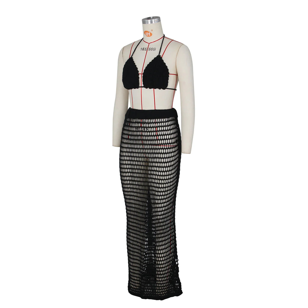 DEKA Beach Cover Up High Split Crochet Knitted Tunic Beach Dress Beach Wear Beachwear Women Long Knit Hollow Tassels Skirt Suit