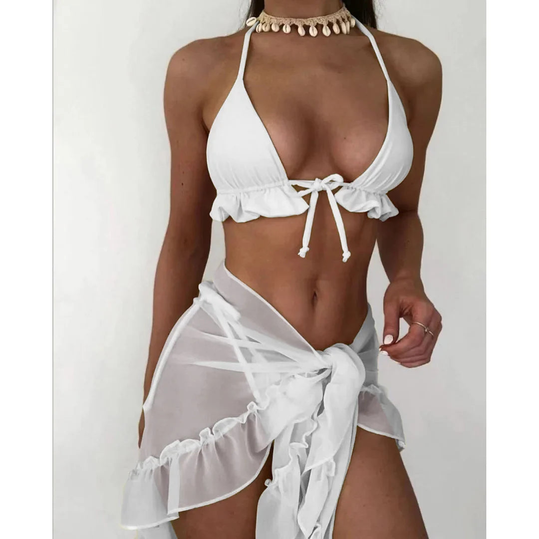 New With Sarong Halter Ruffled Bikini Women Swimwear Female Swimsuit Three-pieces Bikini Set Bather Bathing Suit Swim Lady V4144