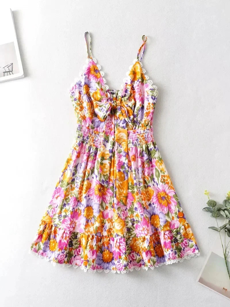 V Neck Bowknot Floral Print Boho Summer New Dress for Women Adjustable Strap Lace Patchwork Sundress Beach Casual Short Dress