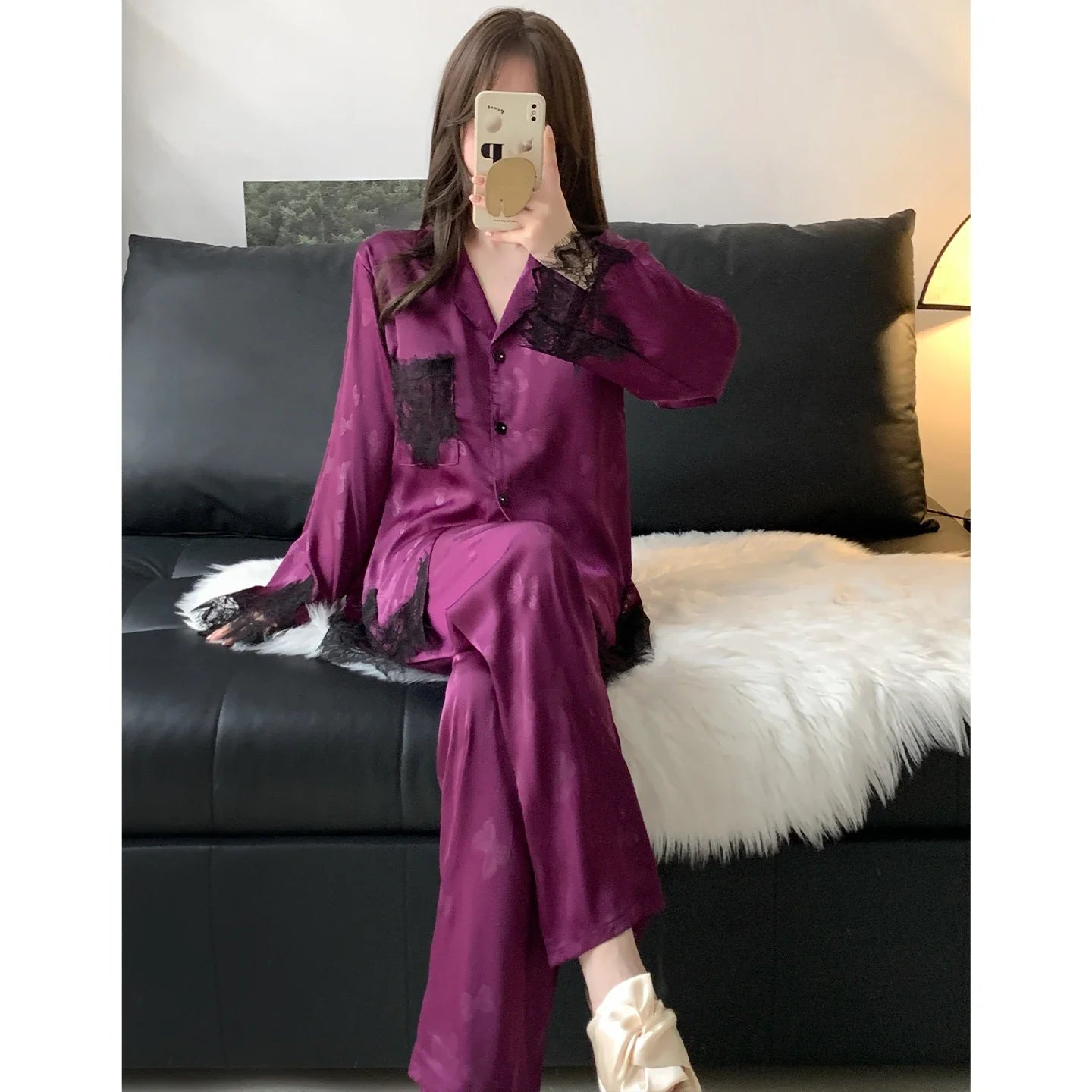 Spring and summer women's pajamas lace sweet cardigan long-sleeved suit home wear