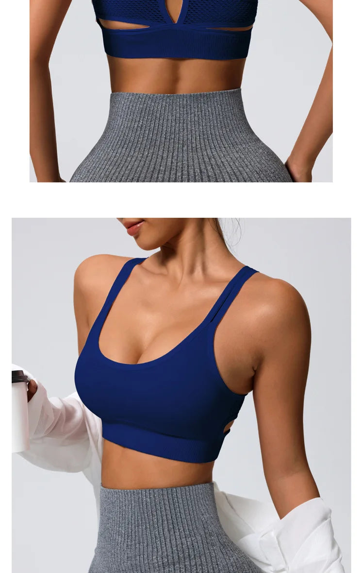 Color-blocked Yoga Top with Cross-straps Yoga Bra Stretchy Comfortable Breathable Sports Vest Wire-free Bra