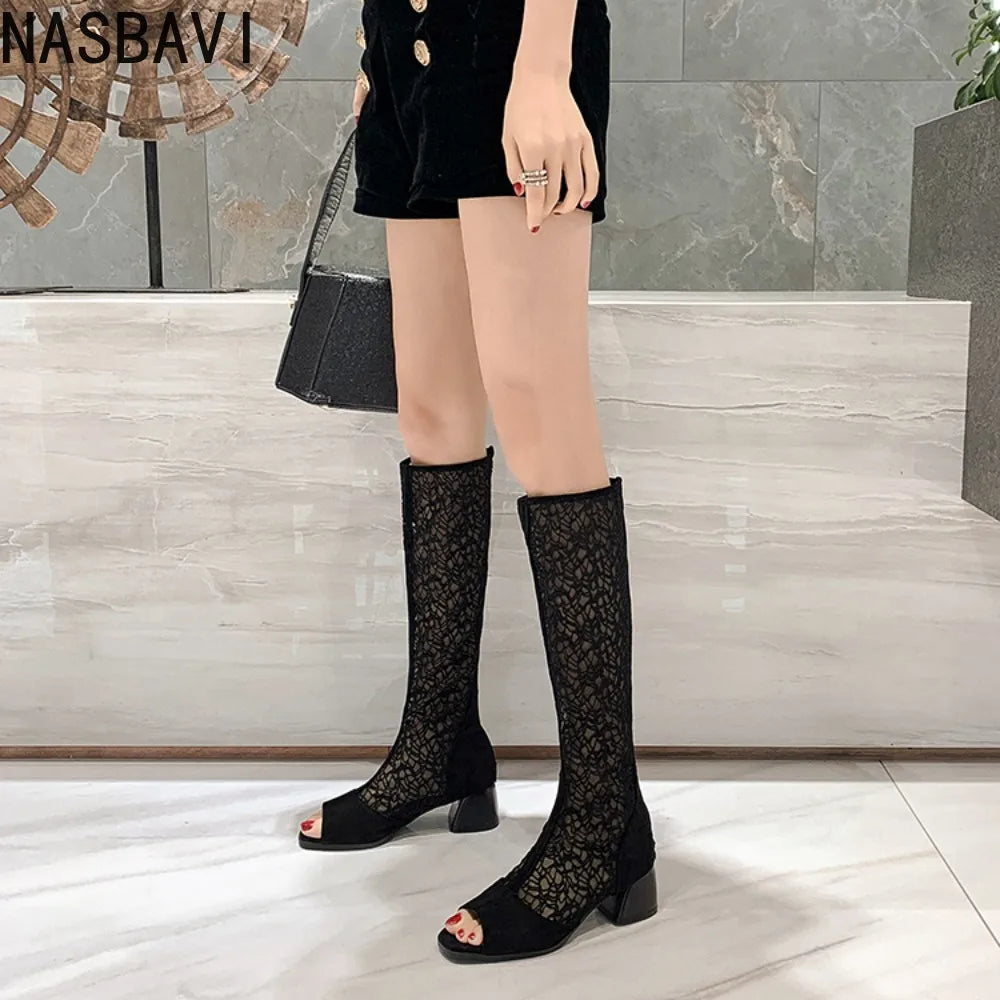 2026 New Spring Summer Sandals Boots Female Sexy Knee Cool Boots Women Gladiator Mesh Round Toe Zipper Shoes Rome Big Size 43